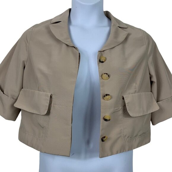 Red Valentino Size 8 US Crop Jacket Shrug 1/2 Sleeve Khaki Beige Button Up 42 - Picture 1 of 7
